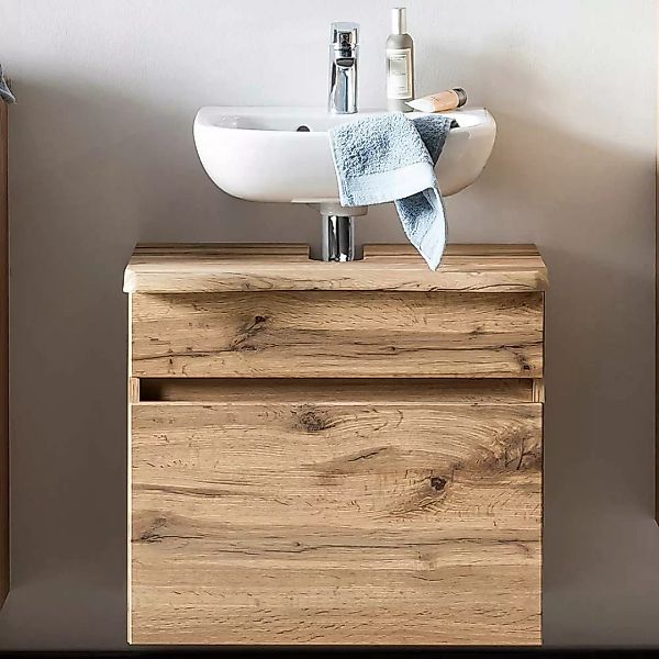 Badezimmer Unterschrank in Wildeichefarben Baumkantenoptik Platte günstig online kaufen