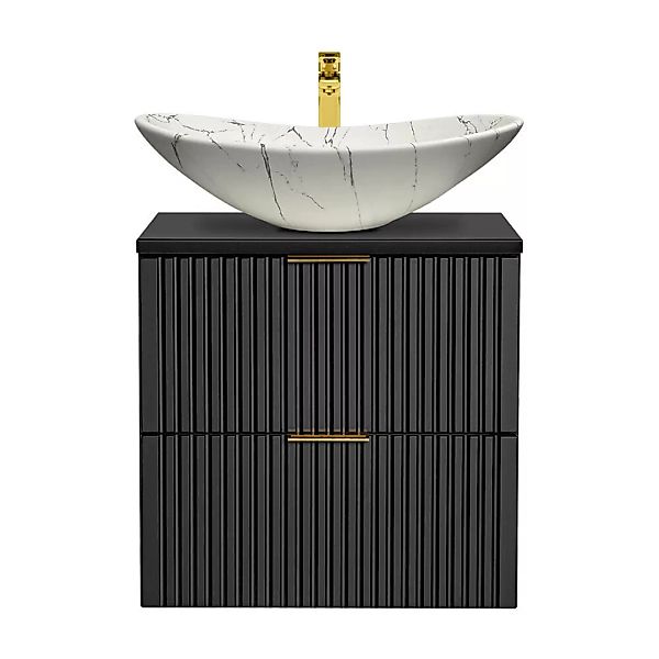 Badezimmer Waschtisch, 61cm, matt schwarz gerillt mit Keramik-Waschbecken w günstig online kaufen