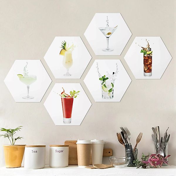 6-teiliges Hexagon-Alu-Dibond Bild Cocktail Splash Set II günstig online kaufen