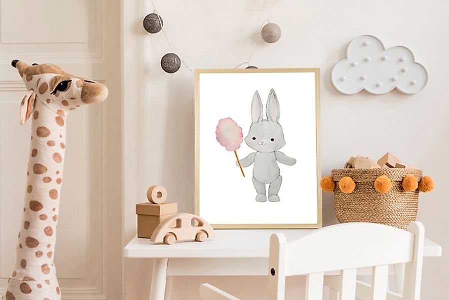 queence Bild mit Rahmen »Hase mit Zuckerwatte«, Fantasy-Hase-Hasen-Haustier günstig online kaufen