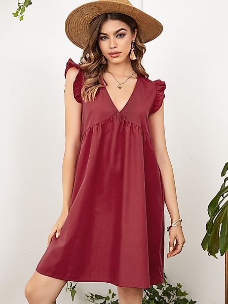 YOINS Rotes Minikleid mit Rüschenärmeln und V-Ausschnitt günstig online kaufen