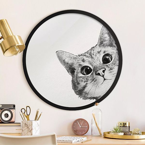 Rundes Bild mit Rahmen Illustration Katze Zeichnung Schwarz Weiß günstig online kaufen