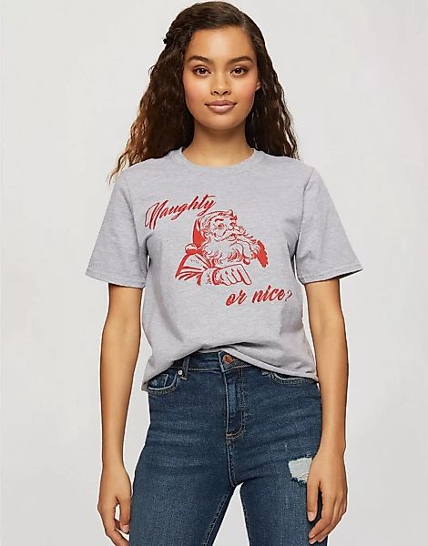 Miss Selfridge – T-Shirt mit „Naughty or Nice“-Schriftzug in Grau günstig online kaufen