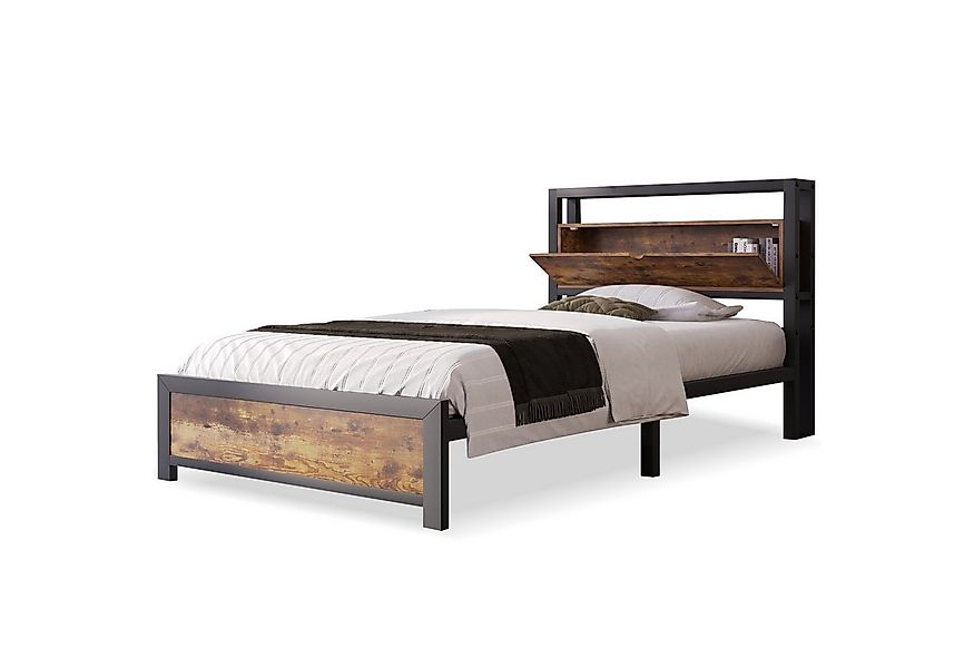 Flieks Metallbett, Einzelbett mit Stauraumfach 90x200cm Eisen Bettgestell günstig online kaufen