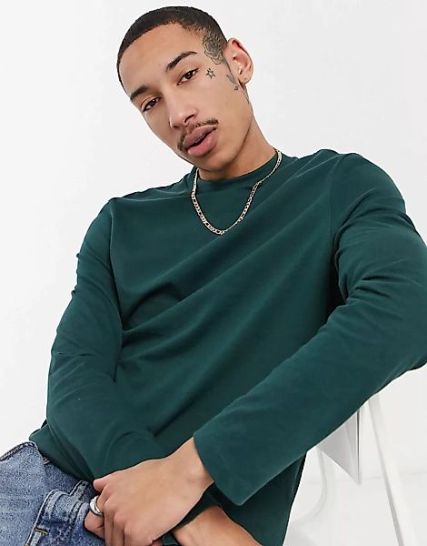 ASOS DESIGN – Langärmliges, grünes Shirt aus Bio-Baumwolle mit Rundhalsauss günstig online kaufen
