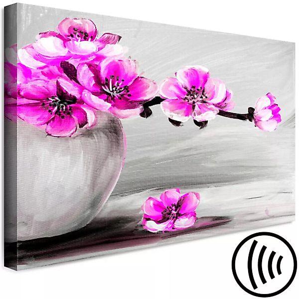 Bild auf Leinwand Graue Vase mit rosa Blüten - Stillleben mit Magnolienzwei günstig online kaufen