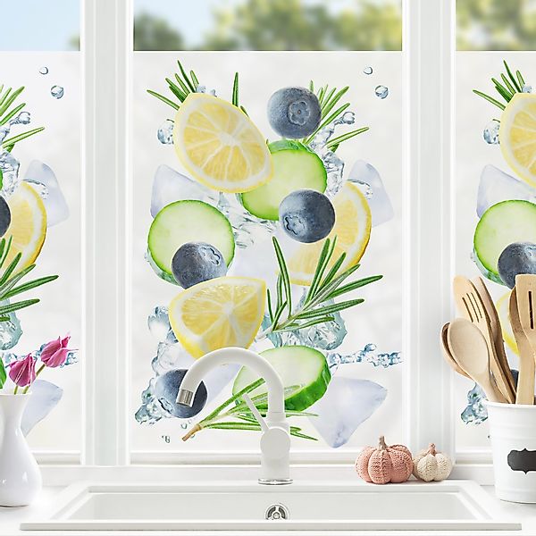 Fensterfolie Blaubeeren Zitronen Eiswürfel Splash günstig online kaufen