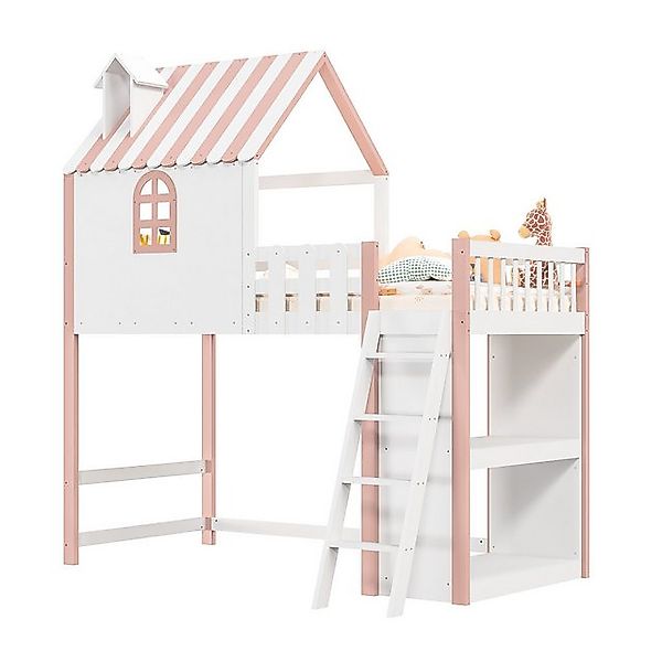FUROKOY Kinderbett Hausbett Holzbett 90x200 cm mit Leiter Hochbett Weiß & R günstig online kaufen