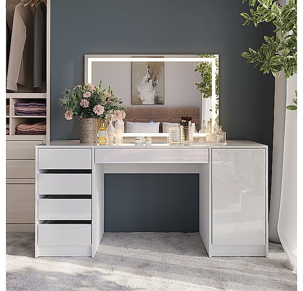 Vicco Schminktisch Sherry, Weiß/Weiß Hochglanz, 158.2 cm mit LED-Spiegel günstig online kaufen
