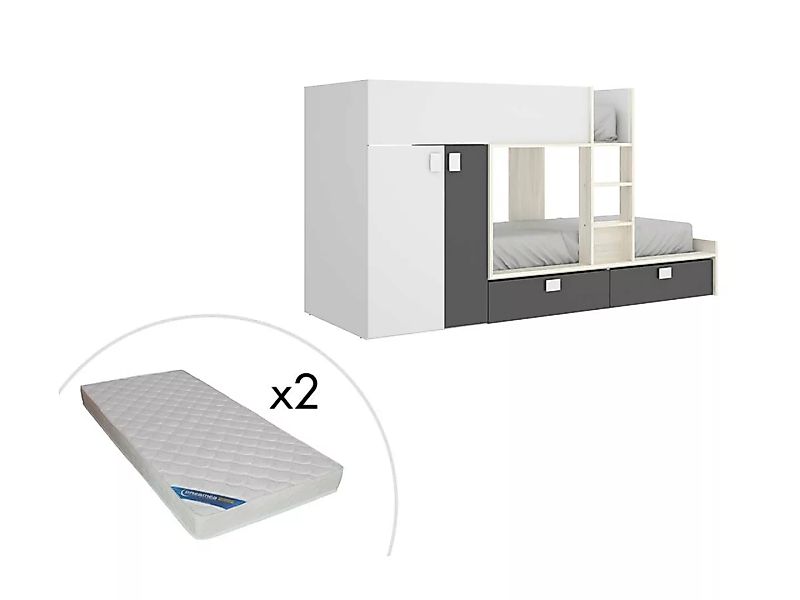 Etagenbett mit Kleiderschrank + Matratzen - 2x 90 x 190 cm - Weiß, Naturfar günstig online kaufen