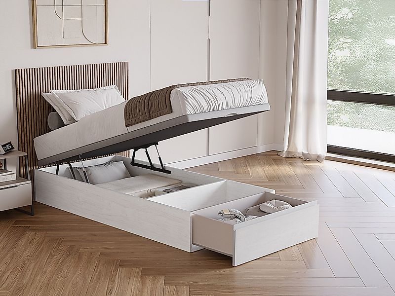 Bettgestell mit Bettkasten mit Schublade - 90 x 200 cm - Weiß - HESTIA von günstig online kaufen