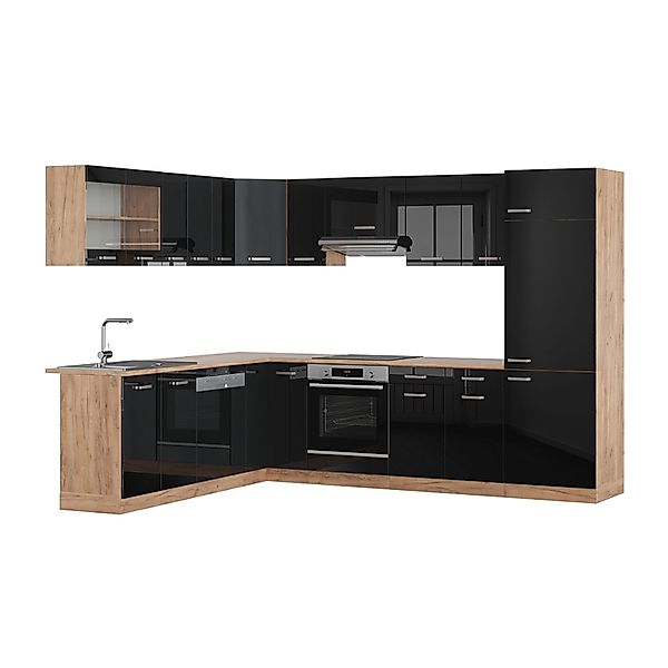 Vicco R-Line Eckküche Schwarz Hochglanz/Goldkraft Eiche 227 x 287 cm AP Eic günstig online kaufen