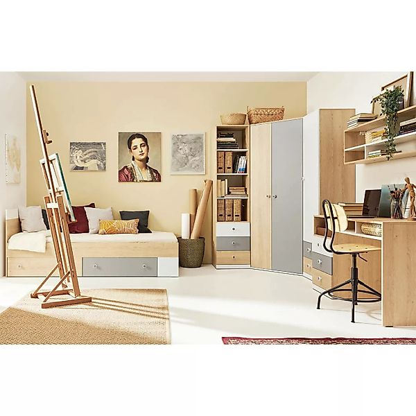 Jugendzimmer Set in Eiche mit weiß und grau PINETO-133, 6-teilig, inkl. 120 günstig online kaufen