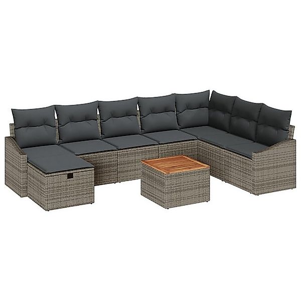 vidaXL Loungesofa 9-teiliges Garten-Sofaset mit Kissen Grau Poly-Rattan, 9 günstig online kaufen
