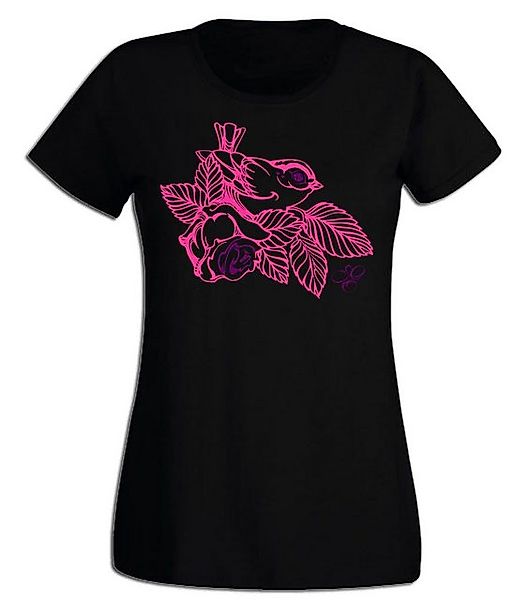 G-graphics T-Shirt Damen T-Shirt - Spatz mit Rose Pink-Purple-Collection, m günstig online kaufen
