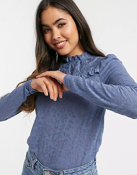 River Island – Blaues T-Shirt mit langen Puffärmeln günstig online kaufen