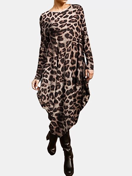 Langarm-O-Ausschnitt mit Leopardenmuster, lässig, Kleid günstig online kaufen