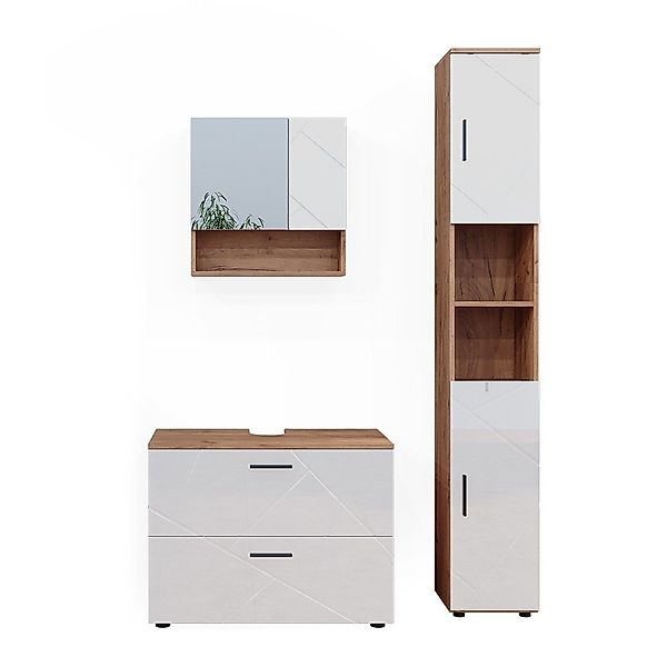 Vicco Badmöbel-Set Irma Eiche/Weiß Hochglanz 3 Teile mit Schubladenschrank günstig online kaufen