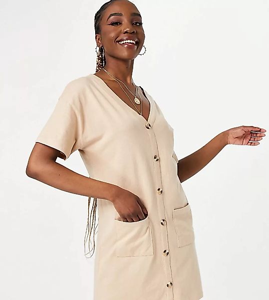 ASOS DESIGN Tall – T-Shirt-Kleid mit Knopfleiste in Camel-Braun günstig online kaufen