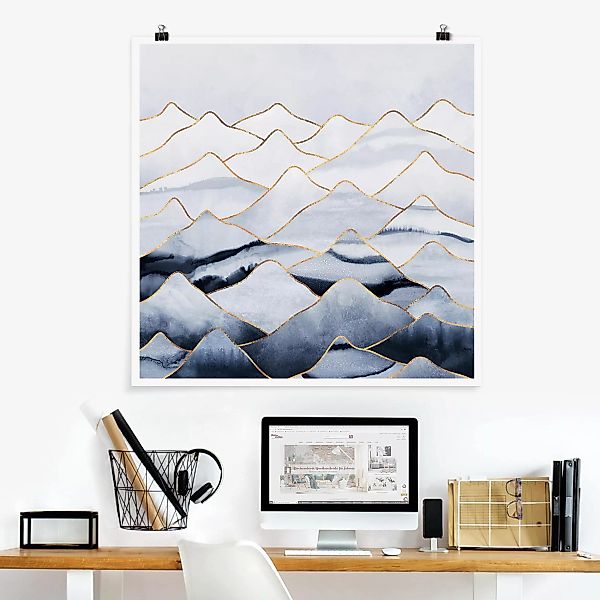 Poster Abstrakt - Quadrat Aquarell Berge Weiß Gold günstig online kaufen