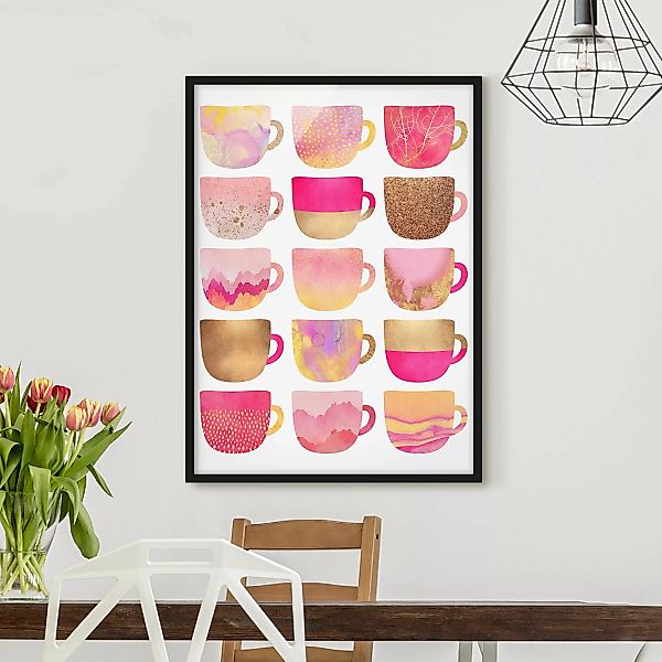 Bild mit Rahmen Küche - Hochformat Goldene Tassen mit Pink günstig online kaufen