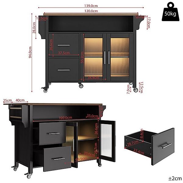 TavilaEcon Küchenbuffet Buffetschrank, Speisewagen mit Glasvitrine in Holzm günstig online kaufen