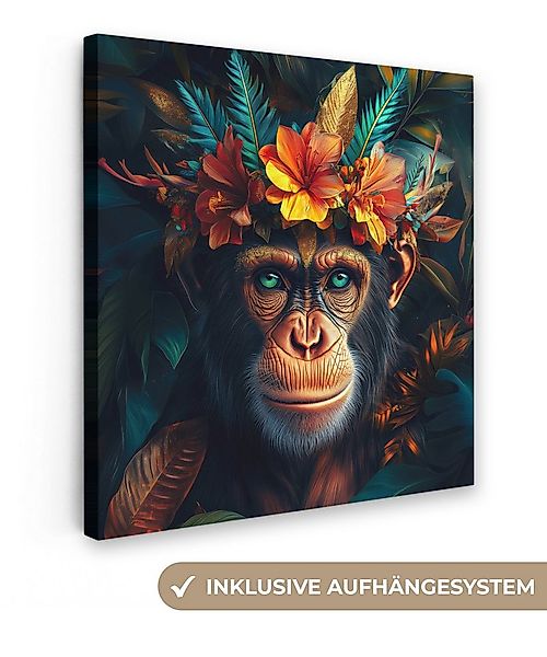 OneMillionCanvasses® Leinwandbild Schimpanse - Affe - Dschungel - Blumen - günstig online kaufen