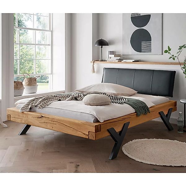Massivholz Doppelbett, 200x200 cm, Eiche massiv, schwarzes Echtleder-Kopfte günstig online kaufen