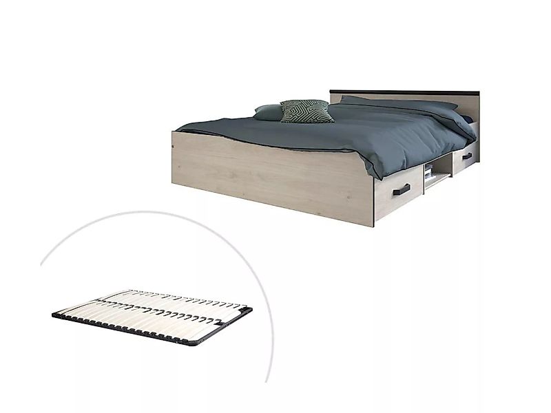 Bett mit 2 Schubladen & 1 Ablage + Lattenrost - 140 x 190 cm - Naturfarben günstig online kaufen
