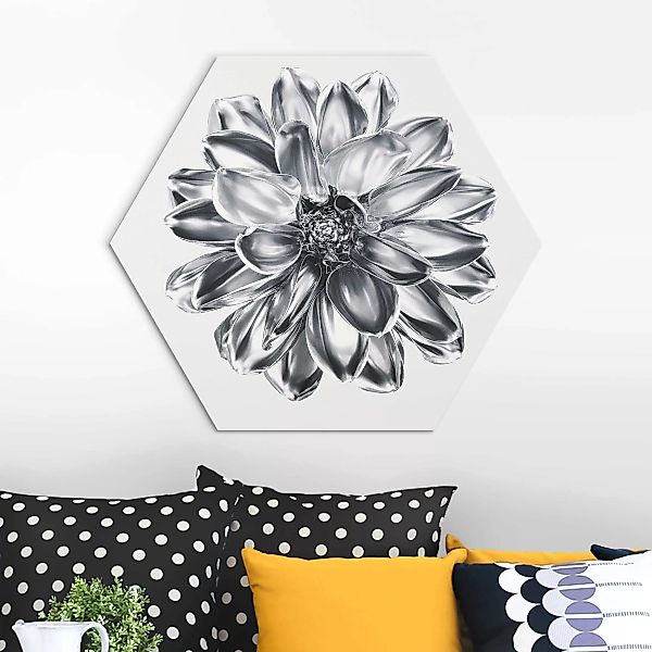 Hexagon-Alu-Dibond Bild Dahlie Blume Silber Metallic günstig online kaufen