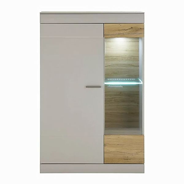 Lomadox Vitrine SINAIA-61 grau matt mit Zinn Eiche Nb. 90/139/35 cm günstig online kaufen