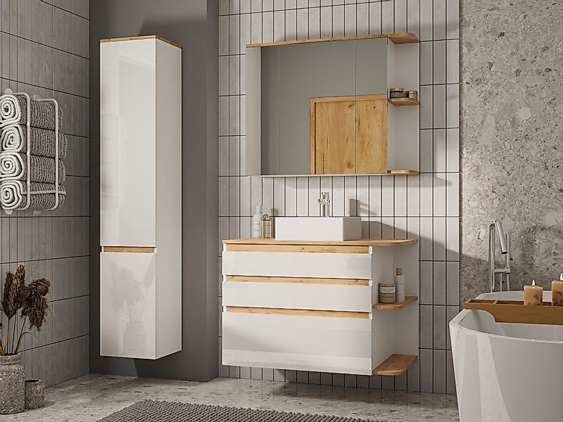 Badezimmer Hängeschrank mit Spiegel - B. 94 cm - Helle Naturfarben & Weiß - günstig online kaufen