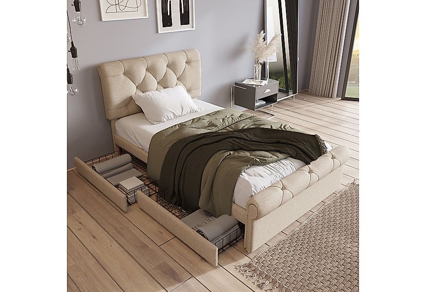 Flieks Polsterbett, Einzelbett Stauraumbett mit 2 Schubladen Leinen 90x200c günstig online kaufen