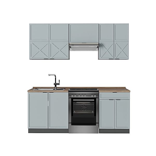 Vicco Fame-Line Küchenzeile Hellblau-grau/Anthrazit 200 cm AP Eiche günstig online kaufen