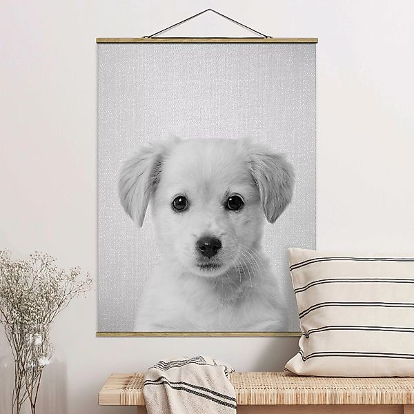 Stoffbild mit Posterleisten Baby Golden Retriever Gizmo Schwarz Weiß günstig online kaufen