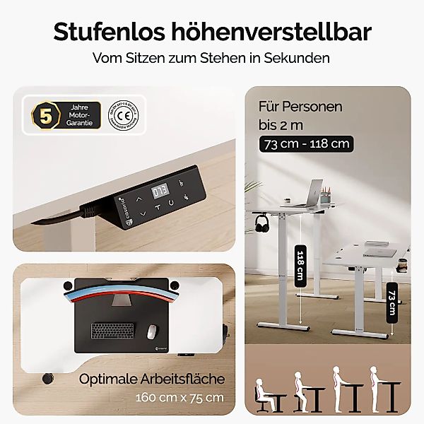 Höhenverstellbarer Schreibtisch Weiß 160x75x118cm + Mousepad günstig online kaufen