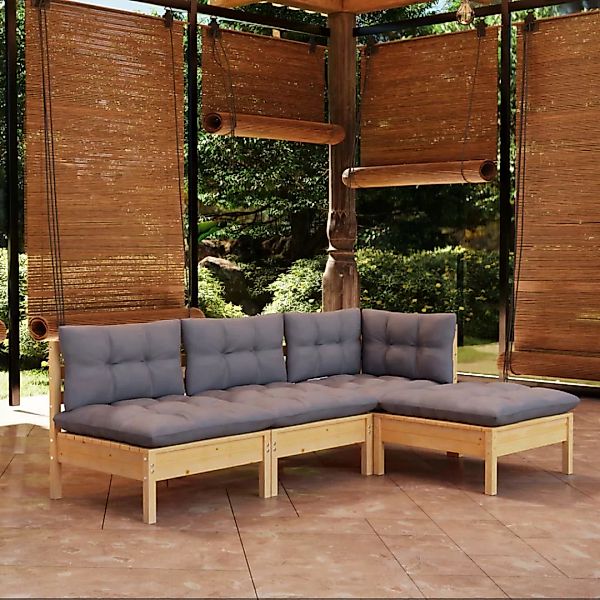 4-tlg. Garten-lounge-set Mit Grauen Kissen Kiefernholz günstig online kaufen