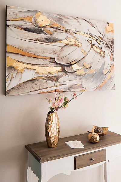 Myflair Möbel & Accessoires Ölbild "Gemälde Federn, weiß/goldfarben", Bild günstig online kaufen
