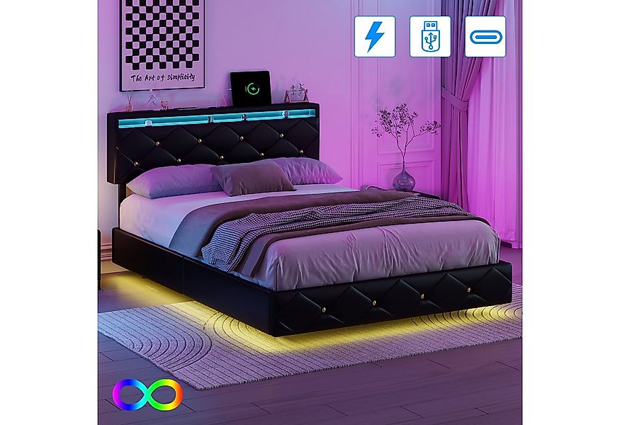 PXloue Polsterbett LED Doppelbett (Höhenverstellbares Kopfteil), Jugendbett günstig online kaufen