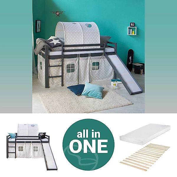 Homestyle4u Kinderhochbett 90x200 Grau mit Lattenrost Rutsche Matratze 2787 günstig online kaufen
