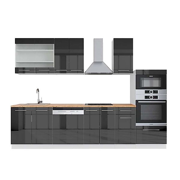 Vicco Fame-Line Küchenzeile Anthrazit Hochglanz/Weiß 300 cm mit Hochschrank günstig online kaufen