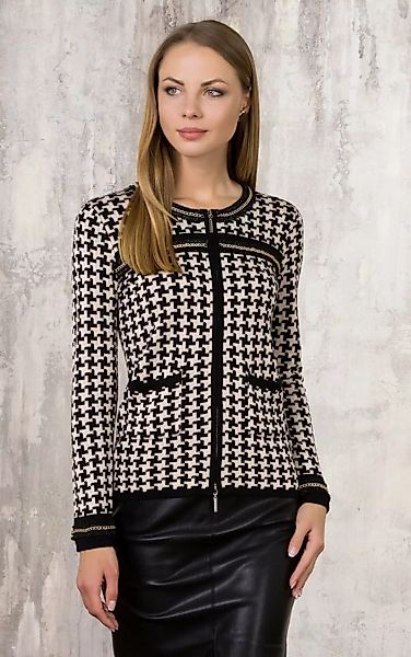 Passioni Cardigan in Schwarz und Beige mit Hahnentrittmuster und Kettendeta günstig online kaufen