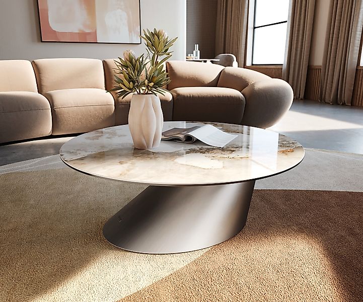 Couchtisch Edge Rund 90x90 cm Keramik Minas Melange Conis Edelstahl gebürst günstig online kaufen