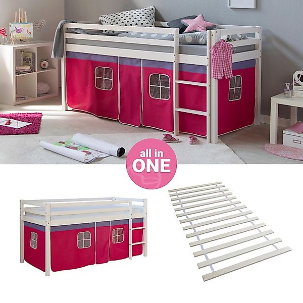 Homestyle4u Hochbett 90x200 mit Vorhang und Lattenrost in Weiß 2574 günstig online kaufen