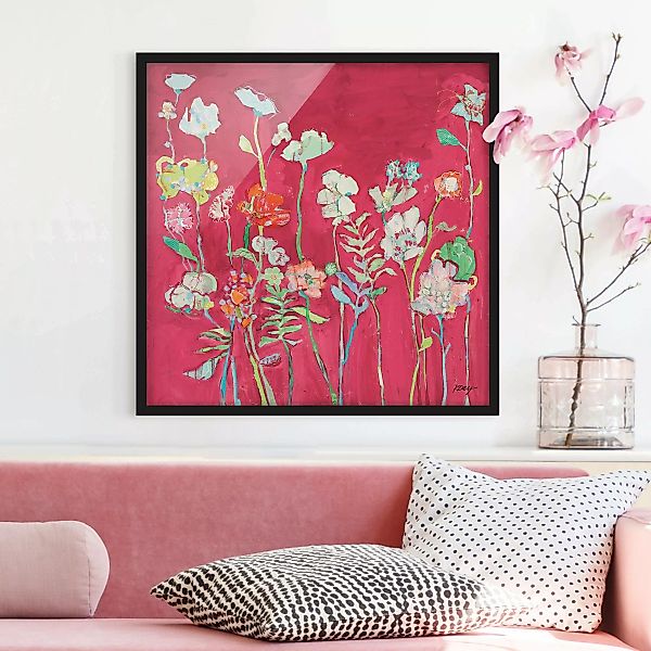 Bild mit Rahmen Blumenreich auf rot günstig online kaufen