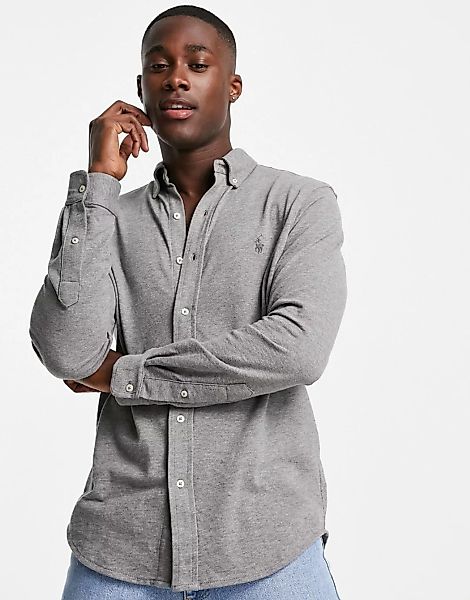 Polo Ralph Lauren – Schmal geschnittenes Pikee-Hemd in Kalkgrau mit Markenl günstig online kaufen