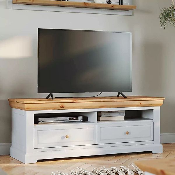 Kleines TV Lowboard im Landhausstil Kiefer Massivholz weiß günstig online kaufen