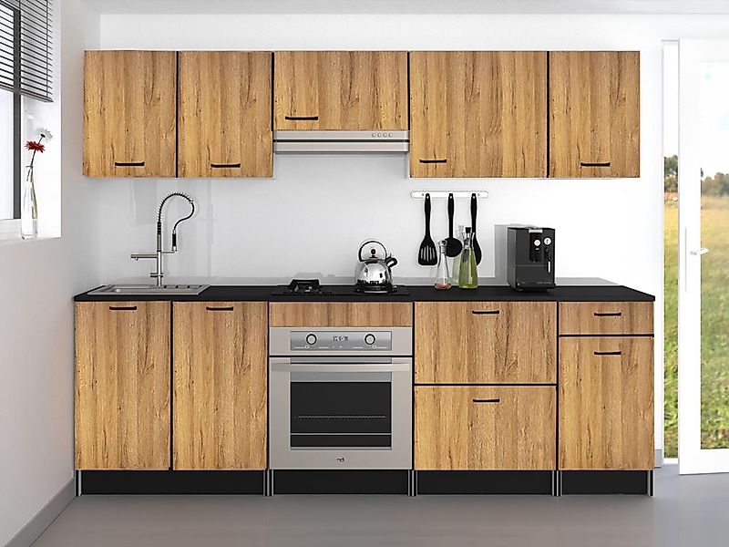 Küchenzeile - mit Arbeitsplatte 240 cm - Naturfarben & Schwarz - TRATTORIA günstig online kaufen
