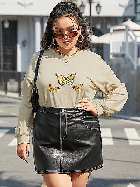 YOINS Plus Größe Rundhalsausschnitt Schmetterling Langarm T-Shirt günstig online kaufen