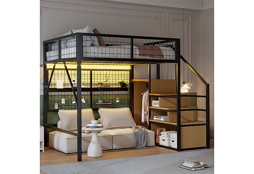 Merax Hochbett (Kinderbett Jugendbett Eisenbett, 1-St., App-gesteuerte LED- günstig online kaufen